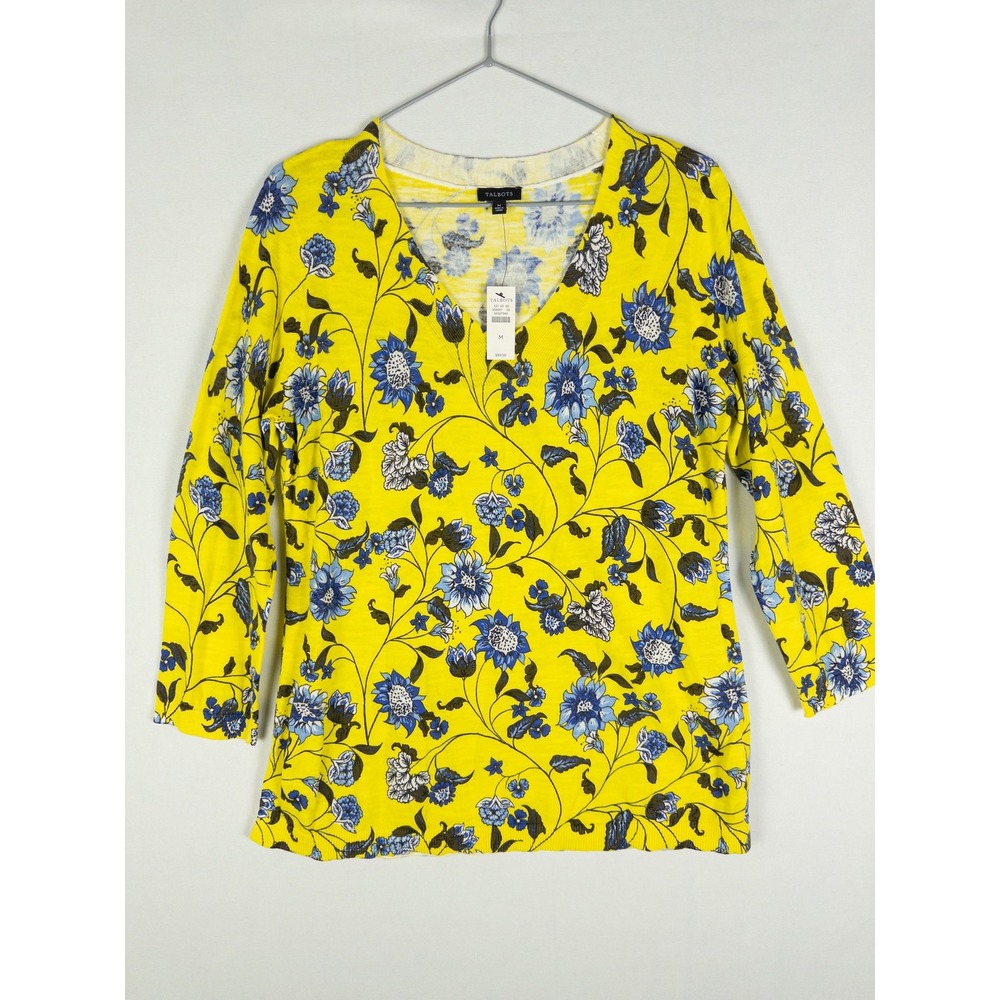 Talbots‎ NWT Floral V-Neck 3/4 Sleeve Top Womens M Yellow Blue Boho Preppy